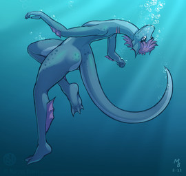 anthro arm_fin blue_body bubble bubble_butt butt claws countershade_torso countershading eyelashes feet female fin freckled_butt freckled_face freckled_legs freckled_shoulders freckled_tail freckled_thighs freckles gills hair head_fin light light_beam long_eyelashes long_neck long_tail markings membrane_(anatomy) nude pink_hair side_view simple_background snout solo spot_freckles spots spotted_butt spotted_face spotted_legs spotted_markings spotted_shoulders spotted_tail spotted_thighs sunbeam sunlight tail tail_markings toe_claws toes underwater water webbed_feet spritedude nessie_(spritedude) loch_ness_monster hi_res