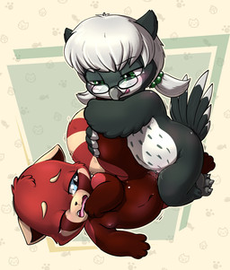 3_toes 4_fingers anthro anthro_on_anthro areola beak biped black_body black_eyebrows black_feathers black_nose black_tail blue_eyes blush bodily_fluids breasts cheek_tuft claws duo ears_down eyebrows eyelashes eyewear facial_tuft feather_hands feathers feet female female/female female_anthro fingerless_(marking) fingers fur genital_fluids genitals glasses glistening glistening_eyes green_eyes grey_beak grey_hair grey_tail hair half-closed_eyes interspecies licking licking_lips licking_own_lips lying markings multicolored_body multicolored_fur multicolored_tail narrowed_eyes navel nipples non-mammal_vulva nude nude_anthro nude_female on_side one_eye_closed pattern_background pink_areola pink_nipples pivoted_ears raised_leg red_body red_fur red_inner_ear red_tail ring_(marking) ringed_tail round_glasses sex simple_background small_nose striped_markings striped_tail stripes tail tail_feathers tail_markings tan_body tan_eyebrows tan_fur tan_tail teeth toe_claws toes tongue tongue_out tribadism tuft vaginal vaginal_fluids vulva wearing_glasses white_body white_feathers young young_anthro young_female lkiws fukiyo_(pokeandpenetrate) ailurid avian bird mammal owl red_panda 2026 digital_media_(artwork) hi_res