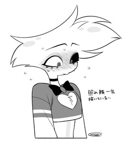 blush blush_lines chest_tuft cleavage_cutout clothed clothing cutout male solo text tuft enaic31 hazbin_hotel hellaverse angel_dust arachnid arthropod demon humanoid spider hi_res japanese_text monochrome translation_request