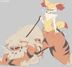 4_fingers anthro anthrofied ass_up bdsm big_breasts blush bodily_fluids breast_squish breasts butt butt_grab dipstick_tail dominant dominant_male duo female female_penetrated fingers from_behind_position fur grey_background hand_on_butt knock-kneed larger_anthro larger_female larger_sub leapfrog_position leash leash_pull male male/female male_penetrating male_penetrating_female markings multicolored_body multicolored_fur nude orange_body orange_fur penetration petplay pokemorph restrained restraints roleplay sex simple_background size_difference smaller_anthro smaller_male spread_legs spreading squish submissive submissive_female sweat tail tail_markings cooliehigh nintendo pokemon arcanine braixen canid canine generation_1_pokemon generation_6_pokemon mammal pokemon_(species) 2022 hi_res
