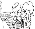 anthro blush bodily_fluids breasts butt clothing duo female female/female nipples nude sweat undressing cooltime-fooltime animal_crossing nintendo harriet_(animal_crossing) isabelle_(animal_crossing) canid canine canis domestic_dog mammal poodle shih_tzu toy_dog monochrome