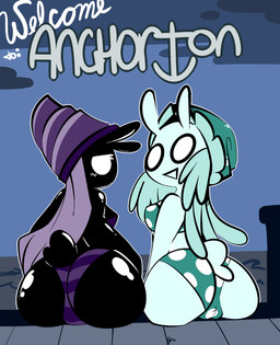 anthro big_butt black_body black_skin blue_body blue_hair blue_skin butt butt_focus camel_toe clothing duo female hair long_hair looking_at_viewer looking_back no_thoughts pier poster purple_hair sea shadow_face shell_hat stubby swimsuit_only swimwear triangle_mouth water thefablednekos spiral_stream_derby lucky_daze spiral_tapp gastropod mollusk snail hi_res