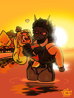 anthro antlers armband belt black_bottomwear black_clothing black_hair black_skirt blonde_hair blush blush_lines bottomwear clothed clothing denim denim_bottomwear denim_clothing duo female fin hair heart_symbol holding_another horn in_arms jeans leaf looking_at_another male male/female pants pink_eyes plant reflection shirt skirt spiked_armband spikes sunset sweater tank_top topwear tree water queen_susie spacewyvern deltarune european_mythology mythology undertale_(series) lexington_ulfric_izunia noelle_holiday deer dragon mammal mythological_creature mythological_scalie new_world_deer scalie western_dragon wyvern 3:4 absurd_res hi_res