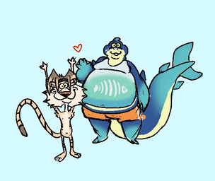 3_toes 4_fingers accessory anthro armpit_hair armpit_tuft barefoot belly big_belly biped black_finger_claws black_headband blue_background blue_body blue_skin body_hair bottomwear brown_ears brown_hair brown_stripes cheek_tuft claws clothing crop_top curling_tail duo facial_tuft fangs featureless_crotch feet finger_claws fingers fishbone front_view fur grey_clothing grey_crop_top grey_shirt grey_topwear hair headband headband_only heart_symbol humanoid_heel male male/male markings moobs multicolored_body multicolored_fur multicolored_skin navel nipples nude open_mouth orange_body orange_bottomwear orange_clothing orange_fur orange_shorts overweight overweight_anthro overweight_male paws pecs pink_nose plantigrade raised_arms shirt shorts simple_background size_difference skinny skinny_anthro skinny_male slightly_chubby slightly_chubby_anthro slightly_chubby_male slim slim_anthro slim_male smile standing striped_body striped_fur striped_markings striped_tail stripes tail tail_markings tan_body tan_skin tan_soles teeth toes toony topwear tuft two_tone_body two_tone_feet two_tone_fur two_tone_skin white_belly white_body white_fingers white_fur white_toes yellow_sclera scudmum maz_(scudmum) aquatic felid fish mammal pantherine shark tiger 2025 colored digital_drawing_(artwork) digital_media_(artwork) flat_colors pixel_(artwork)