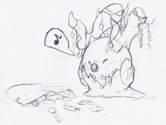 2_horns accessory ambiguous_gender bag candy candy_in_mouth closed_smile dessert eating eating_candy eating_food eyes_closed feral food front_view furgonomics head_horn horn horn_accessory lollipop mouth_closed musical_note musical_symbol simple_background smile solo standing symbol white_background deriaz nintendo pokemon generation_6_pokemon goomy pokemon_(species) 2013 full-length_portrait graphite_(artwork) greyscale monochrome portrait sketch traditional_media_(artwork)