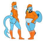 anthro beanie belly big_butt black_collar blue_body bulge butt butt_pose clothing collar duo eyebrows eyewear footwear glasses gloves handwear hat headgear headwear jockstrap knee_highs knee_socks legwear looking_at_viewer male moobs navel nervous open_mouth orange_beanie orange_clothing orange_footwear orange_gloves orange_handwear orange_hat orange_headwear orange_jockstrap orange_socks orange_sweater orange_topwear orange_underwear overweight overweight_male pattern_clothing pattern_footwear pattern_legwear pattern_socks pose pursed_lips raised_eyebrow seductive shy simple_background slim slim_male smug socks standing striped_clothing striped_footwear striped_socks stripes sweater tail tight_clothing tight_sweater tight_topwear topwear underwear white_background footfoxxy nintendo pokemon devon_the_sobble kippy_the_sharkip generation_3_pokemon generation_8_pokemon mudkip pokemon_(species) sobble 2023 hi_res