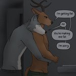 anthro anthro_on_anthro antlers areola bathroom bottomwear claws clothed clothing dialogue duo eyebrows frown fur horn hug inside male male/male muscular muscular_anthro muscular_male narrowed_eyes nipples pants sink standing text topless topless_anthro topless_male tuft casssenpaii beastars legoshi_(beastars) louis_(beastars) canid canine canis deer mammal wolf 2024 english_text hi_res