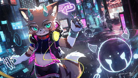 2_horns 5_fingers anthro blush blush_lines city city_background cityscape clothed clothing collar cyberpunk detailed_background electronics eyewear fingers fluffy fluffy_tail fur glasses headphones heart_symbol horn jacket kemono licking licking_lips looking_at_viewer male multicolored_body multicolored_fur outside pawpads raining solo standing tail tan_body tan_fur teal_eyes tongue tongue_out topwear white_body white_fur mag_inu ailurid mammal red_panda 16:9 4k absurd_res cel_shading chromatic_aberration digital_drawing_(artwork) digital_media_(artwork) hi_res shaded signature wallpaper widescreen