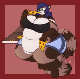 4_fingers 4_toes anthro belly big_belly big_breasts biped blue_bottomwear blue_clothing blue_shorts border bottomwear box breasts brown_body brown_fur brown_stripes cleavage clothed clothing container countershade_face countershade_fur countershade_torso countershading deep_navel eating eating_food eye_markings eye_through_hair eyebrow_through_hair eyebrows eyewear feet female female_anthro fingers fluffy fluffy_tail food fur glasses gloves_(marking) green_eyes hair leg_markings markings navel obese obese_anthro obese_female overweight overweight_anthro overweight_female pepperoni pizza pizza_box purple_hair rectangular_glasses red_background red_border shorts simple_background sitting socks_(marking) solo striped_markings striped_tail stripes tail tail_markings thick_thighs toes translucent translucent_hair white_body white_countershading white_inner_ear white_stripes strawberrymilkdog mina_(maztitos) canid canine mammal raccoon_dog tanuki hi_res