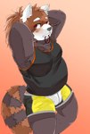 anthro armpit_hair black_body black_nose blush body_hair clothing kemono male red_body shirt simple_background slightly_chubby solo topwear underwear osaruyan ailurid mammal red_panda 2021 hi_res