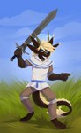 anthro blonde_hair blue_eyes bottomwear brown_body brown_bottomwear brown_clothing brown_fur brown_gloves brown_handwear brown_pants clothed clothing fangs front_view fur glistening glistening_eyes gloves grass grin hair handwear holding_melee_weapon holding_object holding_sword holding_weapon male melee_weapon pants plant smile solo standing sword tail tail_tuft teeth topwear tuft weapon white_clothing white_topwear corzh77 mythology dragon furred_dragon furred_scalie mythological_creature mythological_scalie scalie full-length_portrait hi_res portrait