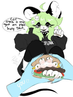 alternative_fashion anthro barefoot black_blush black_clothing black_eyes black_eyeshadow black_leggings black_legwear black_lipstick black_tail blush blush_lines body_blush burger claws clothing collar colored_nails dark drugs eyelashes eyeshadow feet female fluffy food food_fetish food_on_feet food_play foot_blush foot_focus goth green_claws green_hair hair hoodie inner_ear_fluff leggings legwear lipstick looking_at_viewer makeup marijuana nails patas pawpads paws r0ttenmice rodent_tail sharp_teeth skull_accessory solo spiked_collar spikes spread_toes tail teeth text toes topwear tuft white_inner_ear white_inner_ear_fluff raton rotten_mice mammal mouse murid murine rat rodent hi_res spanish_text
