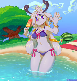 anthro antlers bikini blue_bikini blue_clothing blue_swimwear bow_bikini bracelet breasts chest_tuft clothing cloud ear_piercing ear_ring female food fruit fur gesture horn jewelry looking_at_viewer melon navel outside partially_submerged piercing plant popsicle popsicle_melting purple_eyes ring_piercing sky smile solo standing swimwear tree tuft two-piece_swimsuit water watermelon waving waving_at_viewer white_body white_fur gribosaurus_(artist) trilaena deer mammal hi_res