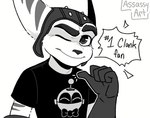 2024 anthro assassyart clank_(ratchet_and_clank) clothing eyebrows gloves handwear headgear headwear heart_eyes heart_symbol hi_res lombax looking_at_viewer male mammal monochrome one_eye_closed ratchet_(ratchet_and_clank) ratchet_and_clank shirt smile solo sony_corporation sony_interactive_entertainment topwear wink
