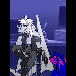 anthro bdsm_gear boots chair clothed clothing collar_ring cuffs_(object) duo facial_scar fingerless_gloves footwear furniture gloves hair handwear laboratory leash leather leather_clothing leather_topwear male male/male restraints scar shoes smile spiked_gloves spikes topwear cammohu mythology dragon hybrid mythological_creature mythological_scalie scalie 1:1 hi_res