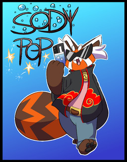anthro black_border border bottomwear cellphone character_card cloak clothing electronics eyewear male pants pawpads phone simple_background solo sunglasses young young_male unik chikn_nuggit sody_pop_(chikn_nuggit) ailurid mammal red_panda