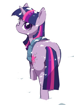 bag bangs cutie_mark eyelashes female feral hair horn looking_at_viewer looking_back looking_back_at_viewer purple_body purple_eyes purple_hair purple_tail simple_background snow snowing solo tail walking white_background winter potetecyu_to friendship_is_magic hasbro my_little_pony mythology twilight_sparkle_(mlp) equid equine horse mammal mythological_creature mythological_equine pony unicorn absurd_res digital_media_(artwork) hi_res