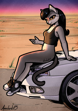 anthro bottomless bottomless_female breasts car clothed clothing desert female footwear looking_at_viewer outside shoes sitting_on_car sneakers solo sunset topwear vehicle apocheck13 converse subaru_legacy_wagon elya_(apocheck13) domestic_cat felid feline felis mammal hi_res