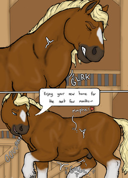 abdominal_bulge animal_genitalia anthro blue_eyes burping duo endosoma feral feral_pred genitals larger_feral long_term_endosoma male male/male neck_bulge oral_vore safe_vore sheath size_difference swallowing tail text vore willing_prey hgythshs lavothesergal ranger_(lavothesergal) equid equine horse mammal sergal absurd_res comic english_text hi_res