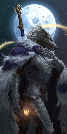 anthro armor cape clothing full_moon lamp lantern male moon solo weapon neungsonie elden_ring fromsoftware blaidd_(elden_ring) canid canine canis mammal wolf 1:2 absurd_res hi_res