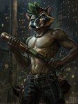 abs anthro bat_(object) bottomwear city cityscape clothing eyebrows fangs fur green_hair hair jewelry male navel necklace nipples pants solo standing teeth redsummer mammal procyonid raccoon absurd_res digital_drawing_(artwork) digital_media_(artwork) hi_res