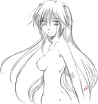 bodily_fluids breasts female hair horn nipples nude simple_background solo tears white_background unknown_artist elfen_lied lucy_(elfen_lied) diclonius signature sketch