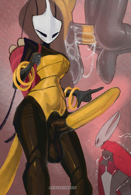 5_fingers ambiguous_penetration antennae_(anatomy) anthro biped black_body black_eyes bodily_fluids clothing cum cum_inside duo erection fingers genital_fluids genitals gynomorph holding_melee_weapon holding_object holding_weapon hollow_eyes intersex melee_weapon multicolored_body penetration penile penile_penetration penis red_clothing sex standing text weapon white_body yellow_clothing sincastermon hollow_knight:_silksong hollow_knight_(franchise) team_cherry hornet_(hollow_knight) shakra_(hollow_knight:_silksong) arthropod 2025 artist_name english_text hi_res