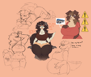 5_fingers anthro ass_up belly big_belly big_breasts blue_eyes bodily_fluids bottomwear breasts brown_body brown_fur brown_hair butt cheek_tuft cleavage clothed clothed_anthro clothed_female clothing container dialogue dress duo facial_tuft female female_anthro fingers floppy_ears food fur hair half-closed_eyes hand_on_belly hotpants huge_belly huge_breasts huge_thighs hyper hyper_belly hyper_pregnancy looking_at_viewer lying midriff milk_can milk_container motion_lines multicolored_body multicolored_fur narrowed_eyes navel on_front orange_eyes popsicle popsicle_in_mouth pregnant pregnant_anthro pregnant_female red_clothing red_dress red_topwear shorts simple_background sitting sweat tail tail_motion tailwag tan_body tan_bottomwear tan_clothing tan_fur tan_sclera tank_truck text thick_thighs tongue topwear tuft warning_symbol wide_hips wiping_brow coffaebeans dotty_(coffaebeans) border_collie canid canine canis collie domestic_dog herding_dog mammal pastoral_dog sheepdog absurd_res digital_media_(artwork) english_text hi_res sketch