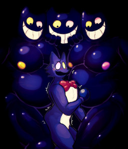 anthro cat_costume clothing costume femboy glistening glistening_body group male male/male overweight overweight_male pressed_against red_ribbon scared smile smiling_at_another trio kadedrawz deltarune undertale_(series) cat_mike_(deltarune) friend_(deltarune) darkner domestic_cat felid feline felis mammal hi_res