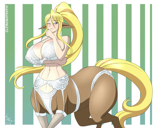 big_breasts blonde_hair blue_eyes blush breasts clothing female female_taur hair huge_breasts lingerie monster_girl_(genre) navel nipple_outline ponytail solo split_form marauder6272 european_mythology greek_mythology monster_musume mythology centorea_shianus_(monster_musume) centaur equid equid_taur humanoid_taur mammal mammal_taur taur 2016