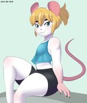 anthro bottomwear clothing femboy fingers hotpants looking_at_viewer male midriff shirt shorts sitting solo tail tank_top thick_thighs topwear mr-shin marvin_(mr-shin) mammal mouse murid murine rodent 2023 hi_res