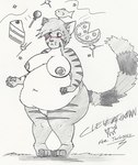 4_toes 5_fingers anthro belly big_belly blush breasts cake candy dessert eyebrows feet female fingers food fur genitals grass hair inner_ear_fluff lollipop multicolored_body multicolored_fur navel nipples obese obese_anthro obese_female outside overweight overweight_anthro overweight_female pizza plant pussy solo stripes tail toes tuft cleverfoxman domestic_cat felid feline felis fish mammal marine