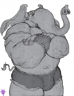 anthro bottomwear clothing male muscular shorts solo yagi_b._(artist) elephant elephantid mammal proboscidean character_request hi_res