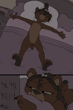 4_fingers 4_toes after_sex afterglow anthro areola bed bedroom biped bird's-eye_view black_claws black_nose bodily_fluids butt claws clock counting digital_clock electronics eyes_closed feet female fingers flat_chested front_view fur furniture genital_fluids genitals hair half-closed_eyes high-angle_view inside long_hair lying narrowed_eyes navel nipples nude on_back pillow satisfied small_tail smile solo tail toes tongue tongue_out vaginal vaginal_fluids vulva young young_anthro fuf penny_(ceeb) bear mammal 2018 2:3 absurd_res comic digital_media_(artwork) hi_res multiple_scenes signature
