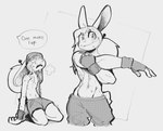 abs anthro bodily_fluids clothed clothing exercise gloves hair hair_bun handwear male muscular muscular_male navel rabbit_ears solo sweat tail topless transformation workout peculiart stig_(peculiart) lagomorph leporid mammal rabbit hi_res sketch