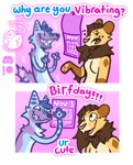 anthro belly birthday blue_body blue_fur blue_hair cheek_tuft chest_tuft couples dialogue duo_focus facial_tuft female fur group hair humor larger_female male pink_background relationship romantic romantic_couple silly silly_face simple_background size_difference smaller_male speech_bubble text tuft vibrating white_belly luckfoxo33 tatum_koenig tolng canid canine felid fox lion mammal pantherine comic hi_res meme trans_(lore) trans_man_(lore) trans_woman_(lore)