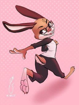 anthro barefoot bottomwear brown_body brown_fur buckteeth clothed clothing dotted_background eyewear feet female fully_clothed fur glasses head_tuft open_mouth open_smile pants pattern_background pink_background running shirt simple_background smile soles solo teeth topwear tuft zach_giering cider_(ciderbunart) lagomorph leporid mammal rabbit 2021 3:4 hi_res
