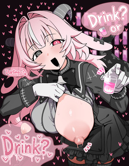 2_horns :d animal_ears areola backward-facing_horns bell big_breasts black_bottomwear black_bow_tie black_clothing black_ear_ring black_eyes black_horn black_legwear black_mouth black_saliva black_skirt black_stockings black_tail blush blush_lines bodily_fluids bottomwear bovid_horn bow_tie breasts caprine_horn clothing colored_saliva container cup drinking_glass dripping ear_piercing exposed_breasts female floppy_ears glass glass_container glass_cup glistening glistening_breasts gloves goat_ears goat_horn grey_horn grey_spots hair handwear heart_reaction heterochromia highlights_(coloring) hole_in_ear horn huge_breasts inside leaning leaning_forward legwear lizard_tail long_hair looking_at_viewer markings neck_bell nipple_outline nipples notched_ear one_breast_out open_mouth piercing pink_ears pink_eyes pink_hair pink_liquid pink_speech_bubble pupils saliva saliva_drip saliva_on_face shot_glass skirt smile solo speech_bubble spots spotted_markings spotted_tail stockings sweat sweatdrop sweaty_breasts sweaty_nipples tail tail_markings thick_tail unusual_bodily_fluids unusual_saliva white_clothing white_gloves white_handwear white_highlights white_pupils hiyoko_spot pukey_goddess_shot_trick femme_soule demon demon_humanoid humanoid absurd_res hi_res