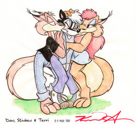 anthro barefoot big_tail bisexual black_ear_tips blue_bottomwear blue_clothing blue_jeans blue_pants blush bottomwear breasts clothed clothing denim denim_bottomwear denim_clothing dipstick_ears ear_markings eyelashes eyes_closed feet female fully_clothed group hair hand_on_head hand_on_shoulder hug jeans kissing kissing_cheek long_hair long_sleeve_shirt looking_at_another male male/female male/male multicolored_ears pants red_hair shirt short_hair skirt smile standing t-shirt tail topwear trio white_hair karri_aronen donny_squirrel stinken_(ken_singshow) terri_squirrel mammal mephitid rodent sciurid skunk tree_squirrel 2001 dated signature traditional_media_(artwork)