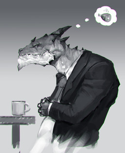 4_fingers anthro business_suit clothing container cup fingers food grey_background ham horn male meat mug necktie pork side_view simple_background solo suit thought_bubble jeffchendesigns mythology dragon mythological_creature mythological_scalie scalie 2017 digital_media_(artwork) hi_res monochrome