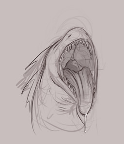 ambiguous_gender bodily_fluids dripping eyes_closed fangs front_view mouth_shot open_mouth saliva saliva_drip saliva_on_tongue simple_background solo teeth unsigned conditional_dnp kiva~ mythology dragon mythological_creature mythological_scalie scalie headshot_portrait monochrome portrait sketch