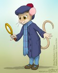 2024 anthro biped buckteeth claws clothed clothing coat cosplay disney drjavi eyebrows female footwear green_eyes hat headgear headwear hi_res holding_object magnifying_glass mammal mouse murid murine olivia_flaversham rodent scarf simple_background socks solo standing tan_body teeth the_great_mouse_detective topwear whiskers