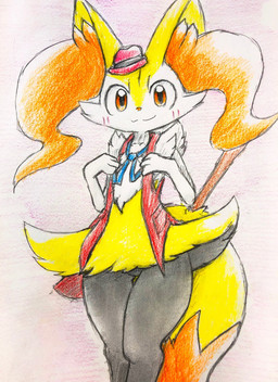 :3 ambiguous_anthro ambiguous_gender anthro big_tail biped bow_ribbon closed_smile clothing cosplay digitigrade dipstick_tail featureless_crotch flat_chested front_view hat headgear headwear looking_at_viewer markings mouth_closed object_in_tail simple_background smile solo standing stick stick_in_tail tail tail_markings topwear vest eiroru nintendo pokemon serena_(pokemon) braixen canid generation_6_pokemon mammal pokemon_(species) 2019 colored_pencil_(artwork) colored_sketch graphite_(artwork) hi_res japanese_description portrait sketch three-quarter_portrait traditional_media_(artwork) translated_description
