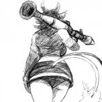 1:1 2_tails anthro armwear bare_shoulders black_and_white bottomwear bovid breasts butt caprine caprine_demon clothed clothing crop_top demon elbow_gloves female gloves goat handwear hi_res hladilnik horn low-angle_view mammal midriff monochrome multi_tail panties ranged_weapon rear_view rocket_launcher rpg-7 shay_(hladilnik) shirt side_boob simple_background sketch skirt solo tail topwear underwear upskirt walking weapon