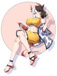 animal_print bangs big_breasts black_hair breasts chain clothed clothing cow_print crossed_legs facial_piercing female footwear hair horn looking_at_viewer navel nipple_outline nose_piercing piercing pink_eyes sandals shoes simple_background sitting smile solo tail tail_tuft tuft white_hair ootsuki_wataru touhou urumi_ushizaki animal_humanoid bovid bovid_humanoid bovine bovine_humanoid cattle_humanoid horned_humanoid humanoid mammal mammal_humanoid tailed_humanoid 3:4