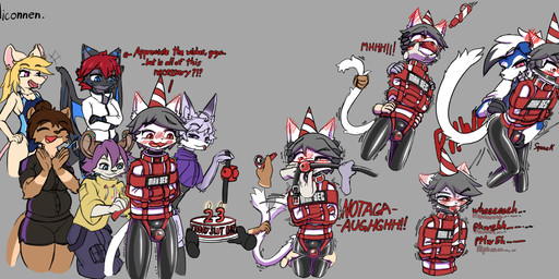 ball_fondling ball_squeeze balls birthday bulge bulge_grab cake clothing dessert fondling food forced gag gagged gagging genitals group latex latex_clothing latex_legwear latex_skinsuit legwear lock lock_symbol not_again null_bulge restraints skinsuit straitjacket tail text tight_clothing hiconnen nintendo pokemon amara_(mekyro) cyberjoel hazel_(tayanaru) hicon lumi_(silverlumi) pawkaf zeke_(damonhusky) canid canine generation_7_pokemon hybrid lycanroc mammal midnight_lycanroc murid murine mustelid otter pokemon_(species) rodent shiny_pokemon english_text hi_res