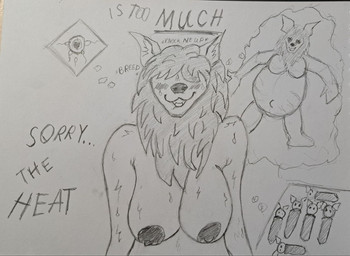 anthro areola belly big_areola big_belly big_breasts bite biting_lip bodily_fluids breasts fantasizing female hair heart_symbol impregnation_request mane mane_hair messy_hair nude obscured_eyes ovum ovum_with_heart pregnant pregnant_female solo sperm_cell sweat text patchwork_weasel brown_hyena hyena mammal