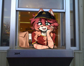 anthro black_nose blush clothed clothing eyebrows fast_food_employee fast_food_uniform female fingers front_view hair open_mouth red_clothing text yappcat mcdonald's yumi_(catniplewds) domestic_cat felid feline felis mammal 2025 alternate_version_at_paywall artist_name digital_media_(artwork)