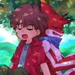 anthro back_to_back bodily_fluids brown_hair claws clothed clothing dappled_light duo fully_clothed hair hoodie horn leaning_on_another male outside plant red_body red_clothing scarf sleeping sweat topwear tree under_shade hamu_ym bandai_namco digimon digimon_ghost_game hiro_amanokawa betelgammamon digimon_(species) human mammal 1:1