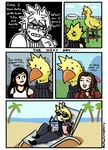 beach beak clothing date dialogue eyewear female feral group humor male smile sunglasses sweater text topwear turtleneck vacation ohthatraspberry final_fantasy final_fantasy_vii square_enix aerith_gainsborough cloud_strife tifa_lockhart avian chocobo human mammal comic english_text hi_res